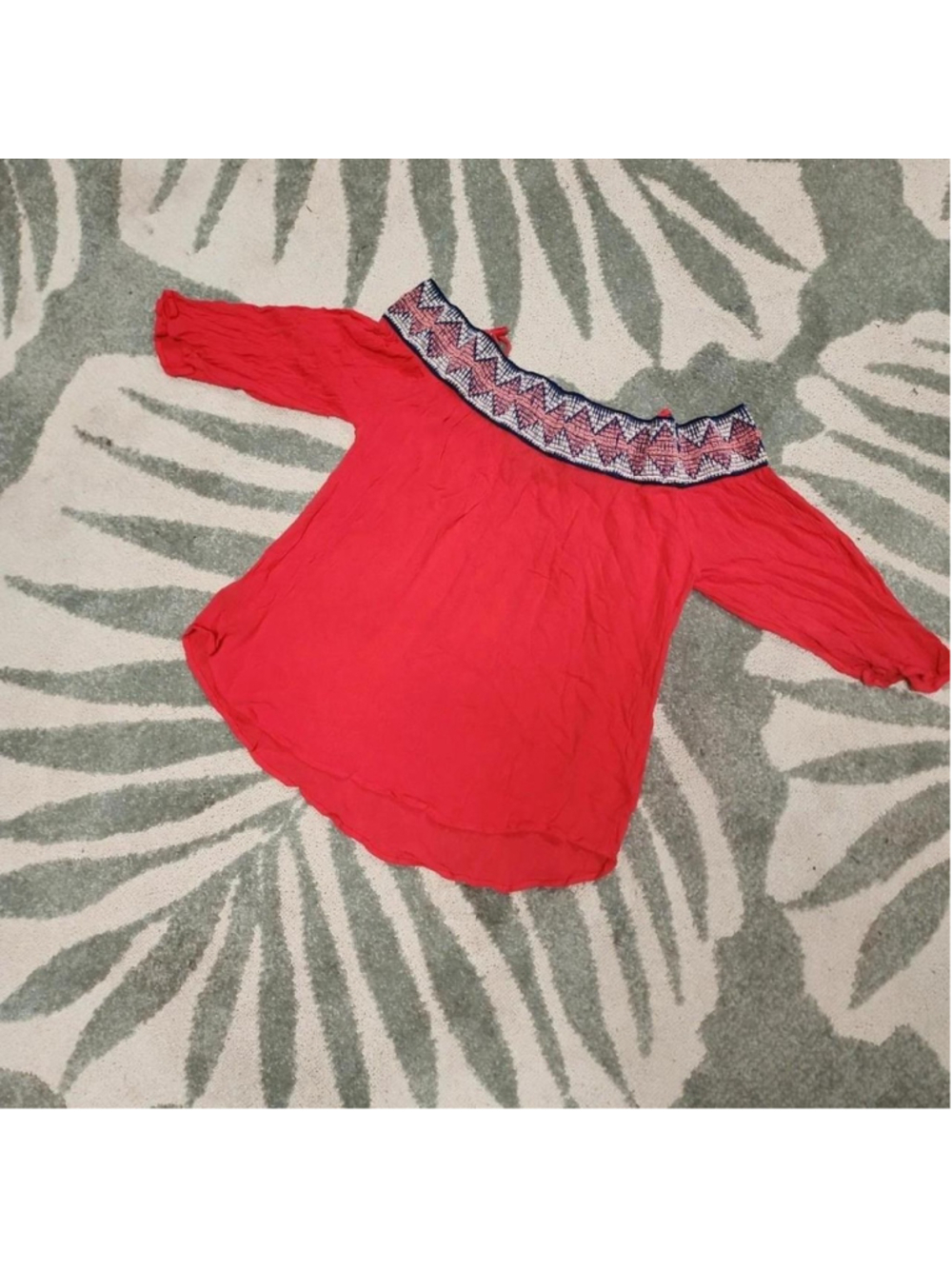 Red off the shoulder blouse with blue and white geometric trim, size M #offthesh